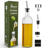 Bugucat Ölflasche 500 ml, Essigflasche aus Glas mit Spender, Ölflaschen mit Ausgießer und Etikett, Olivenölspender mit Anti-Schmutz-Verschluss, auslaufsicher und tropffrei, zum Kochen, Grillen, Salat