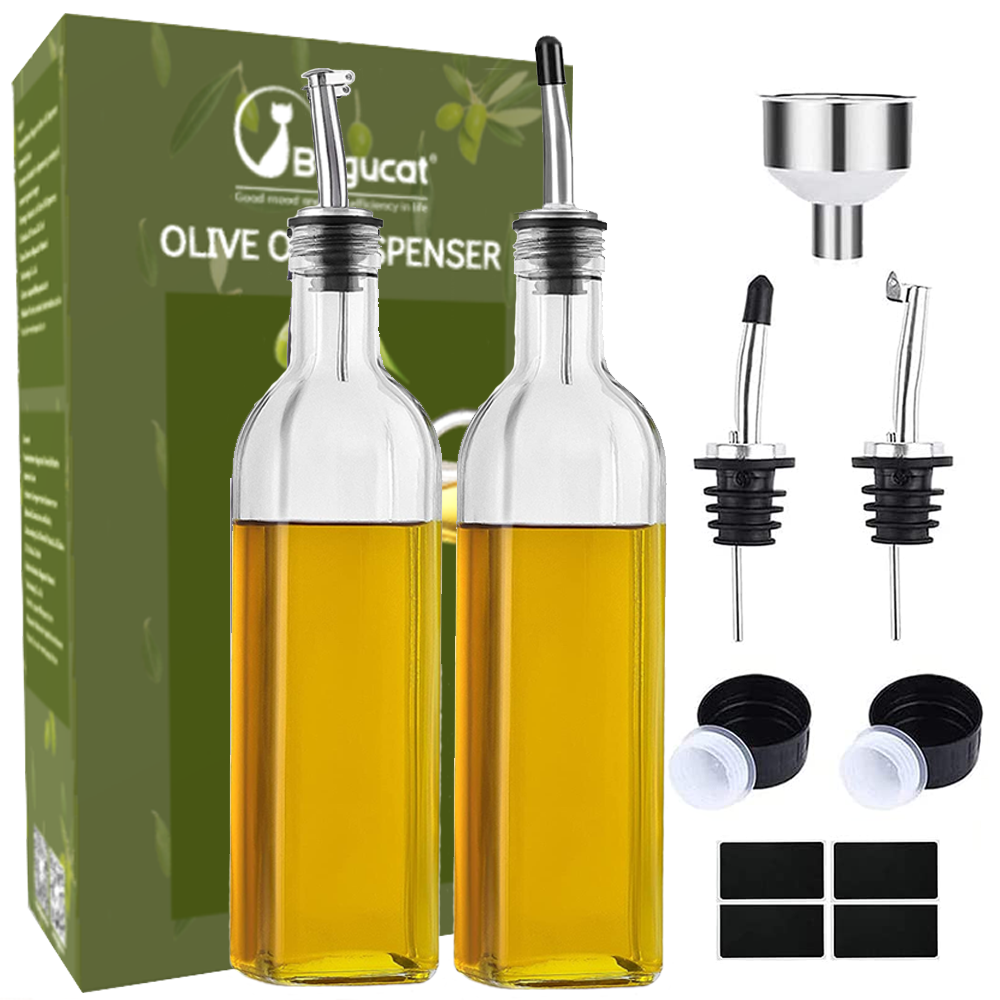 Bugucat Ölflasche 500 ml, Essigflasche aus Glas mit Spender, Ölflaschen mit Ausgießer und Etikett, Olivenölspender mit Anti-Schmutz-Verschluss, auslaufsicher und tropffrei, zum Kochen, Grillen, Salat