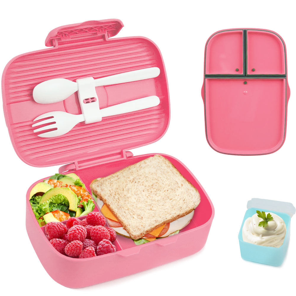 Bugucat Bento-Lunchbox 850 ml, Bento-Box mit 3 Fächern und Besteck, Lebensmittelbehälter, Lunchbox für Kinder und Erwachsene, Sandwich-Box für Mikrowelle und Spülmaschine, Behälter für die Zubereitung von Mahlzeiten