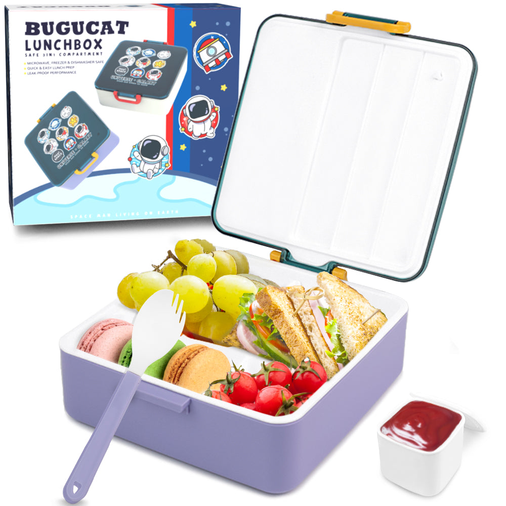 Bugucat Bento-Lunchbox 1300 ml, Bento-Box mit 4 Fächern und Besteck, Lebensmittelbehälter, Lunchbox für Kinder, Sandwich-Box, mikrowellen- und spülmaschinenfest, Behälter für die Zubereitung von Mahlzeiten, BPA-frei