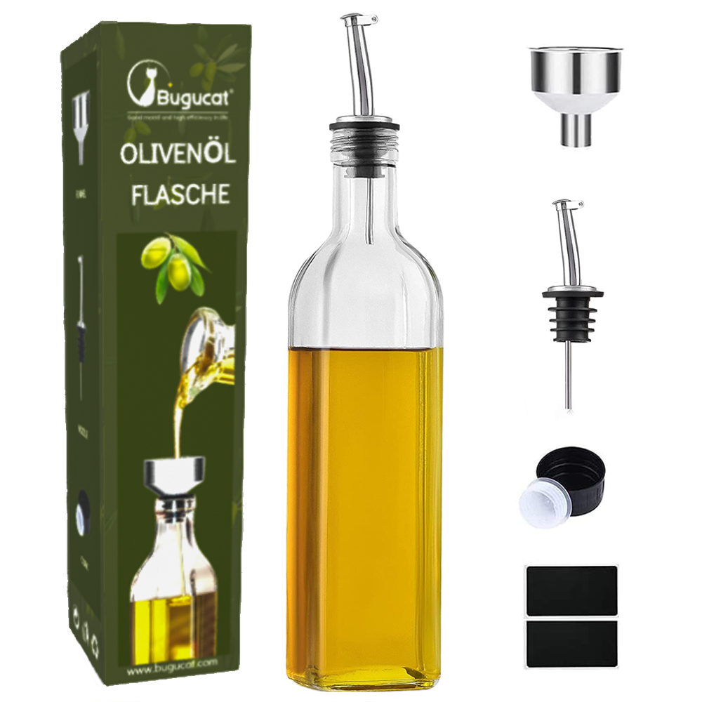 Bugucat Ölflasche 500 ml, Essigflasche aus Glas mit Spender, Ölflaschen mit Ausgießer und Etikett, Olivenölspender mit Anti-Schmutz-Verschluss, auslaufsicher und tropffrei, zum Kochen, Grillen, Salat