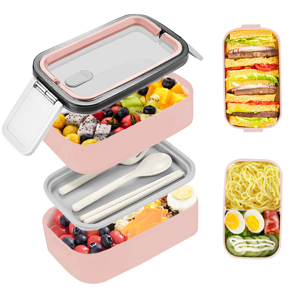 Bugucat Lunch Box 1400ML, Double Stackable Bento Box Container Meal Prep Containe with Cutlery, Sealed Fresh-Keeping Box, BPA Free Lunch Box for Adults and Kids, Microwav Dishwasher Safe