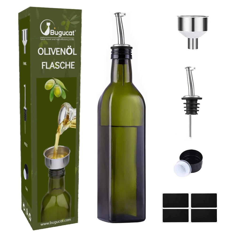 Bouteille d'huile Buguacat 500 ml, bouteille de vinaigre en verre avec distributeur, bouteilles d'huile avec bec verseur et étiquette, distributeur d'huile d'olive avec fermeture anti-saleté, anti-fuite et anti-goutte, pour cuisiner, griller, salade