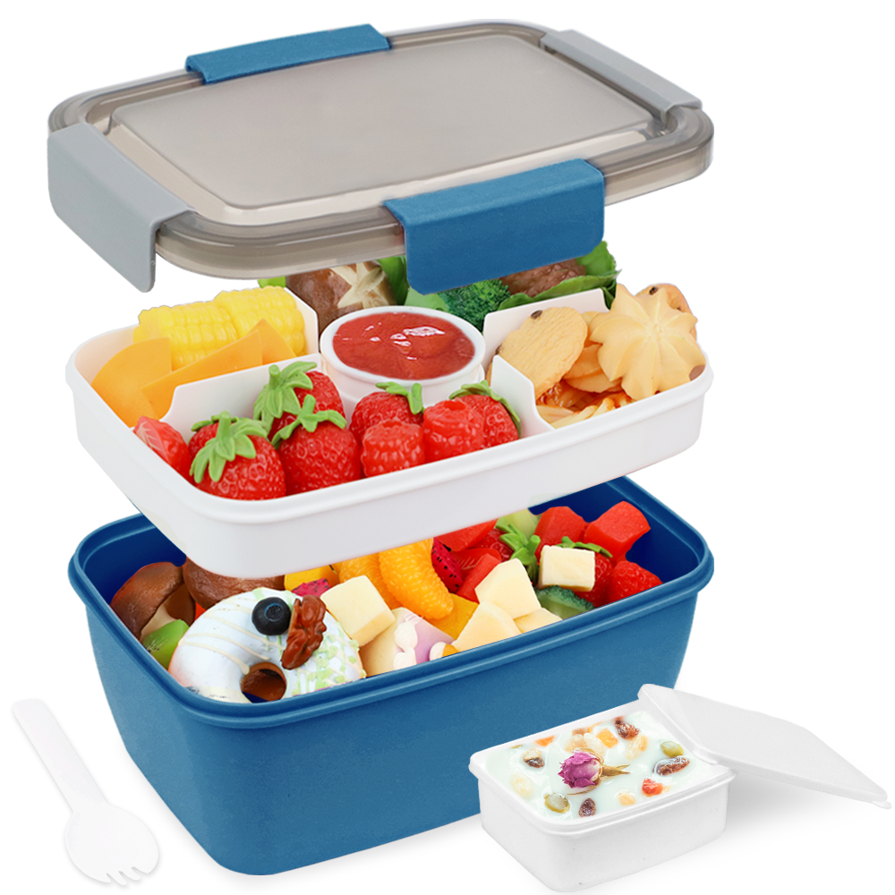 Bugucat Bento Box 2000 ML, Lunchbox Insalata Lunch Contenitore da Asporto con Vassoio a 4 Scomparti, Insalatiera con Contenitore per Condimenti, Pasti Prep To Go Contenitori per Alimenti Frutta Snack, Cucchiaio Riutilizzabile Integrato