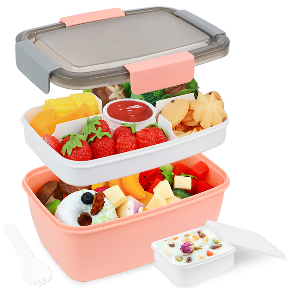 Boite à bento enfant Bugucat 2000ML, lunch box adultes avec 4 compartiments et boite à soupe, lunch box salade box à emporter avec récipient à vinaigrette, lunch box salade récipient pour micro-ondes et lave-vaisselle, sans BPA
