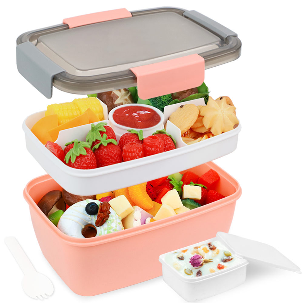 Bugucat Bentobox 2000 ml, Lunchbox, Salat-Lunch-Container zum Mitnehmen mit Tablett mit 4 Fächern, Salatschüssel mit Dressing-Behälter, Meal-Prep-to-Go-Behälter für Lebensmittel, Obst, Snacks, integrierter wiederverwendbarer Löffel