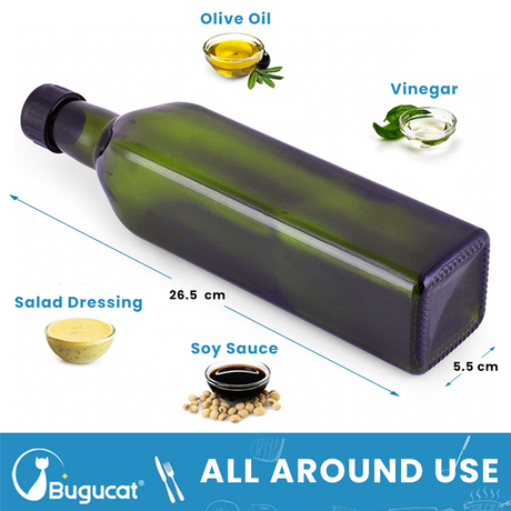 Bugucat Oil Bottle 500 ml, Glass Vinegar Bottle with Dispenser, Oil Bottles with Pourer and Label, Olive Oil Dispenser with Anti-Dirt Closure, Leak-proof and Drip-Free, for Cooking, Grilling, Salad