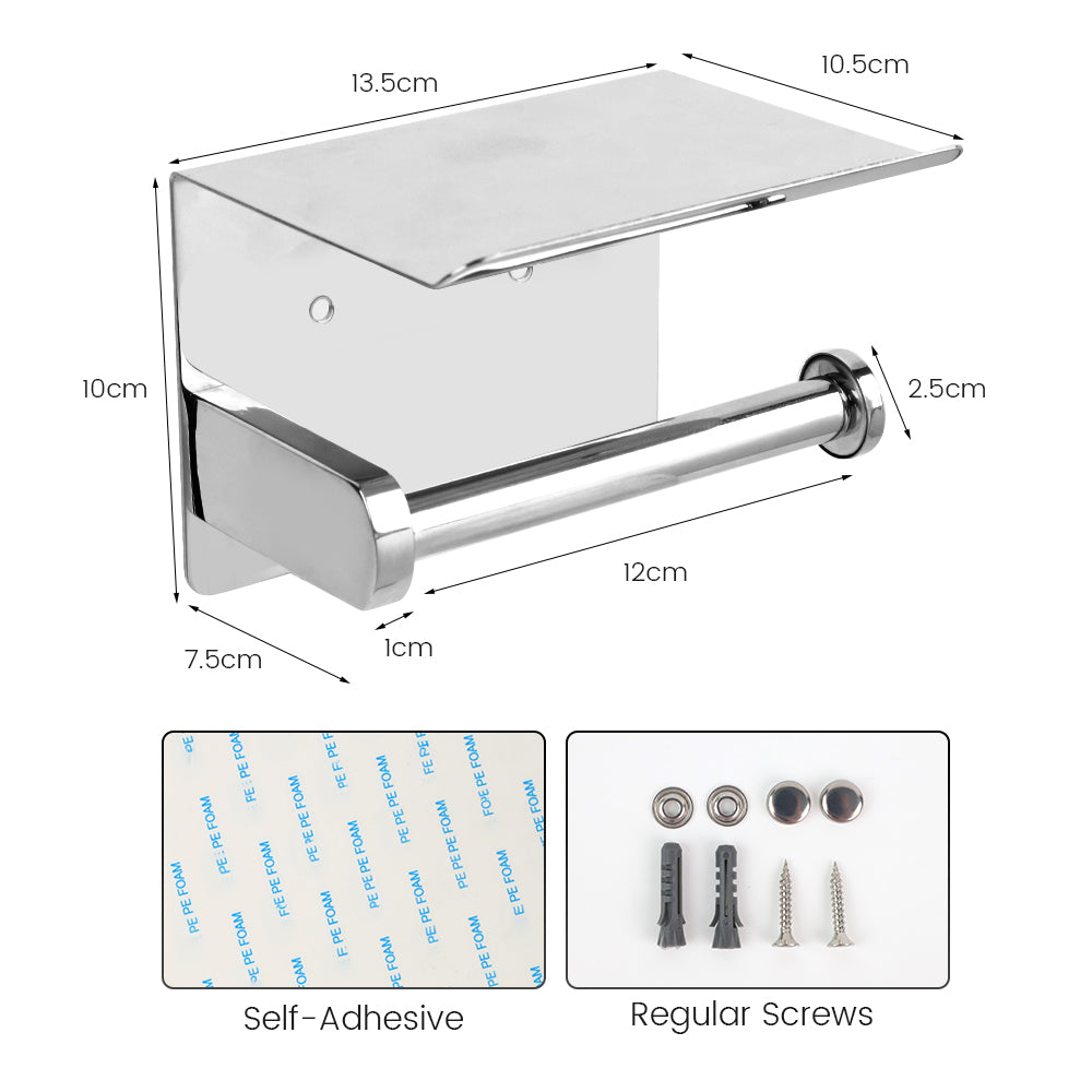 Bugucat Portarrollos de papel higiénico sin taladrar, Portarrollos de papel higiénico con estante, Soporte de papel de montaje en pared de acero inoxidable SUS 304 Autoadhesivo o Montaje en pared para baño Inodoro Cocina