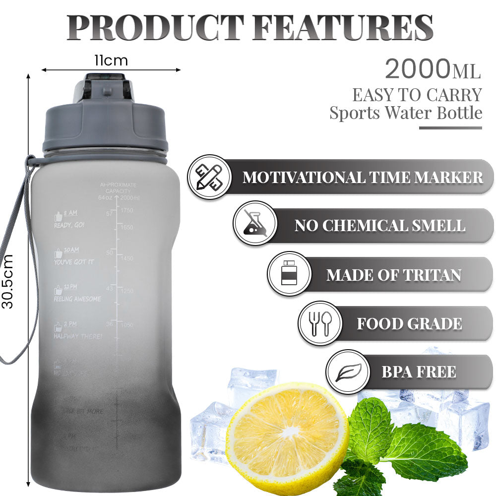 Bugucat Water Bottle 2.2L, Drinks Bottle with Straw and Time Markings, Jug Leak Proof,Sport Water Storage Container for Teenager Adult, Water Bottle for Gym School Cycling Outdoor Fitness