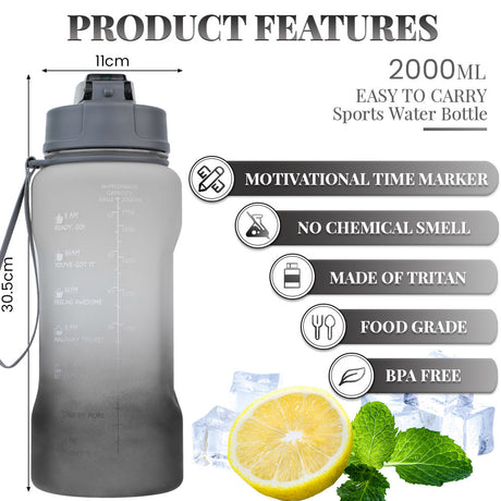 Bugucat Water Bottle 2.2L, Drinks Bottle with Straw and Time Markings, Jug Leak Proof,Sport Water Storage Container for Teenager Adult, Water Bottle for Gym School Cycling Outdoor Fitness