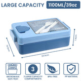 Bugucat Bento Box 1100 ml, Fiambrera Infantil con 3 Compartimentos y Juego de Cubiertos, Fiambrera para Lavavajillas Microondas, Fiambrera para Adultos, Sin BPA