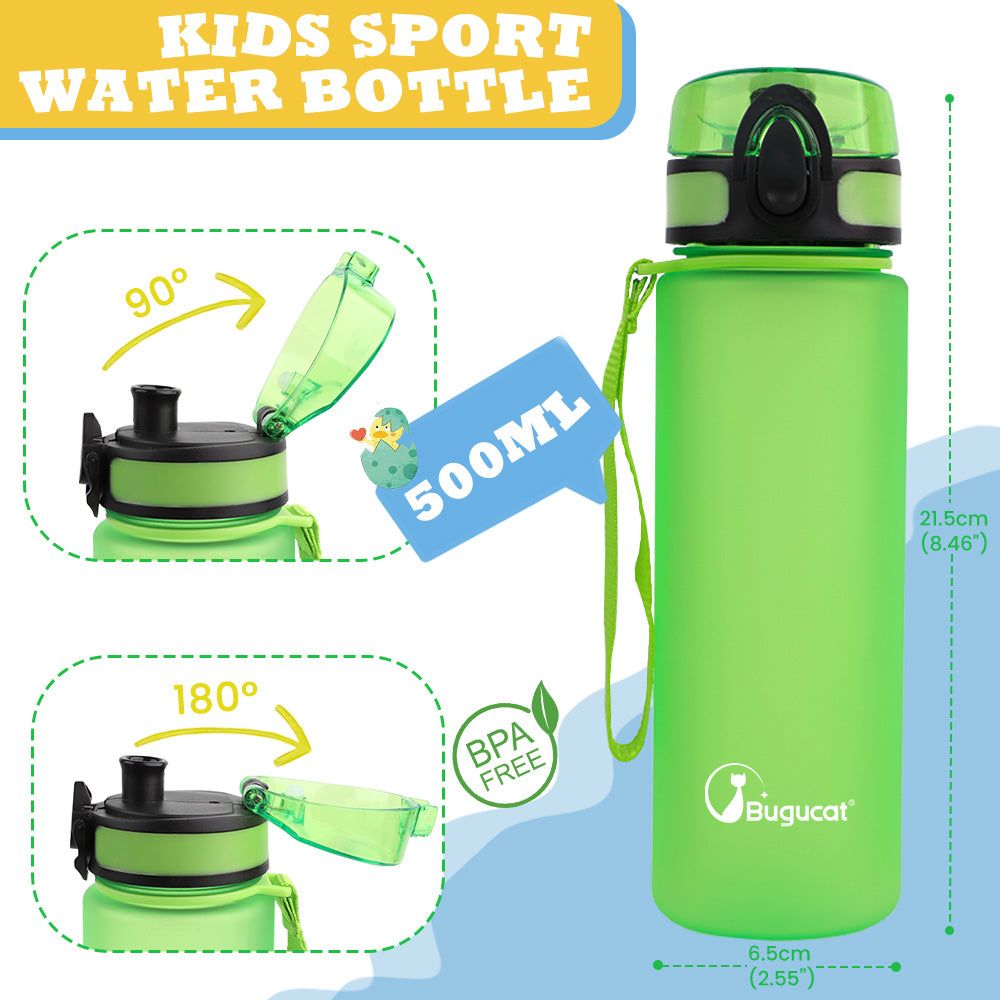 Bugucat Water Bottle Kids, 500ML Sports Water Bottle Drinks Bottle Leak Proof, Sport Jug Reusable, Water Storage Container for kindergarten School Outdoor Cycling, 1 Click Open, BPA Free Tritan