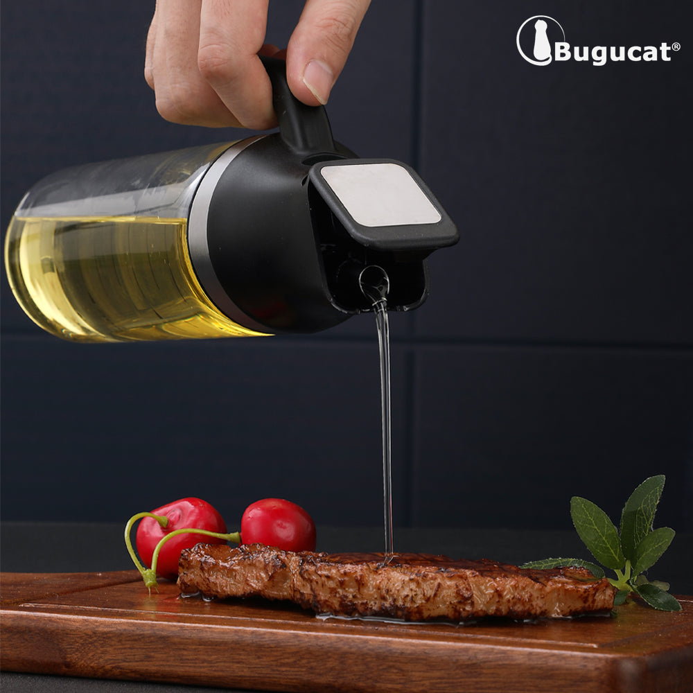 Bugucat Ölflasche 600ML, Premium Essig/Öl Spender aus Edelstahl und Glas, Olivenöl Behälter Öl Glasflasche mit automatischer Düse