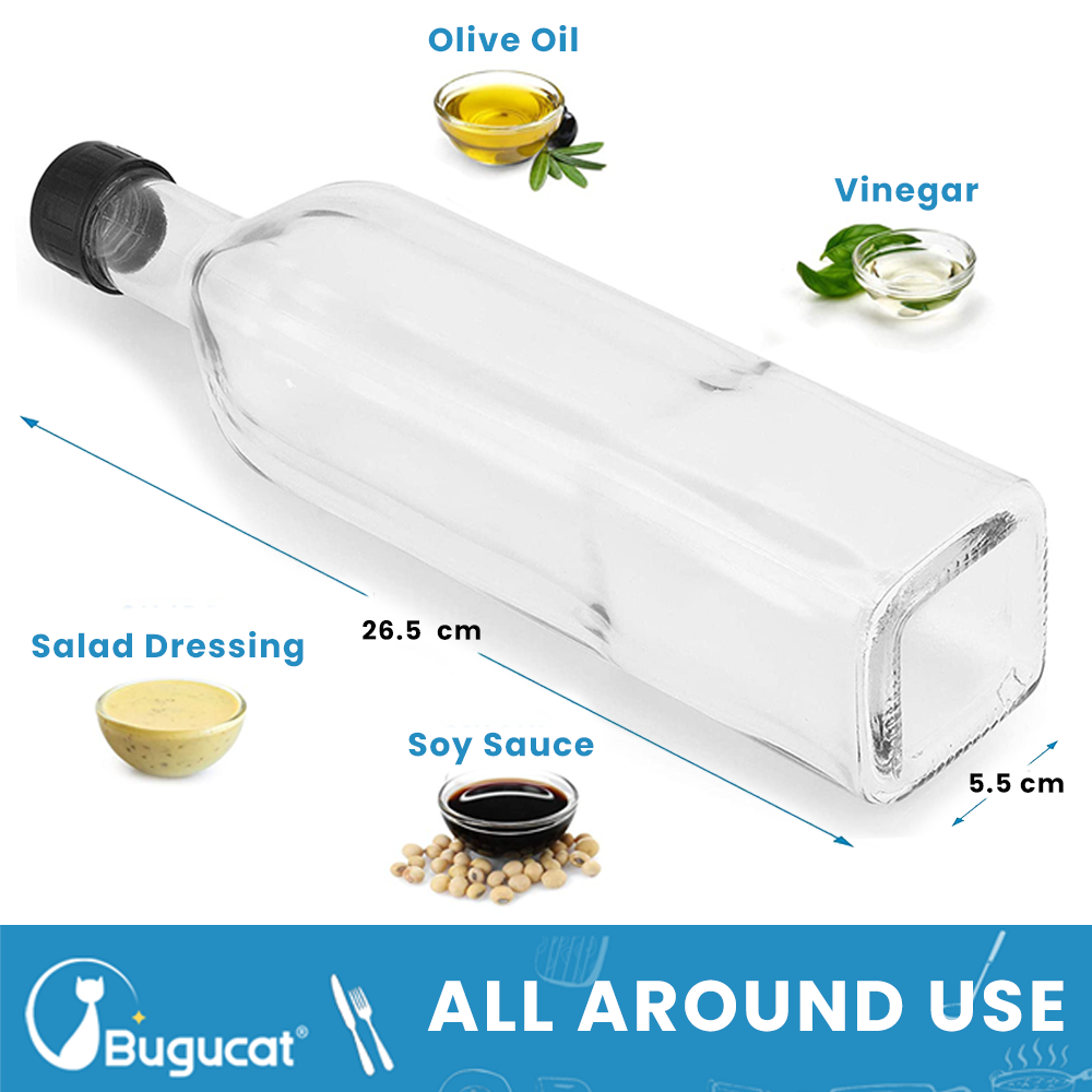 Bugucat Oil Bottle 500 ml, Glass Vinegar Bottle with Dispenser, Oil Bottles with Pourer and Label, Olive Oil Dispenser with Anti-Dirt Closure, Leak-proof and Drip-Free, for Cooking, Grilling, Salad