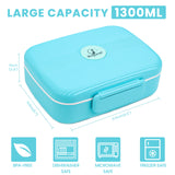 Bugucat Lunch Box 1300ML, Adult Kids Leakproof Bento Box with 5 Compartments and Spoon, Food Container Lunch Containers for School Work and Travel, Microwave & Dishwasher Safe for Men Woman, BPA Free