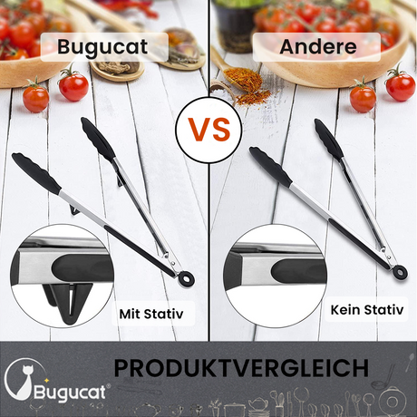 Bugucat Grillzange 2 Stück, Premium-Küchenzange, Edelstahl, hitzebeständig, Fleischzange, leicht zu reinigen, Brotzange, integrierter Ständer, Kochzange, kratzfest, abschließbare Lebensmittelzange