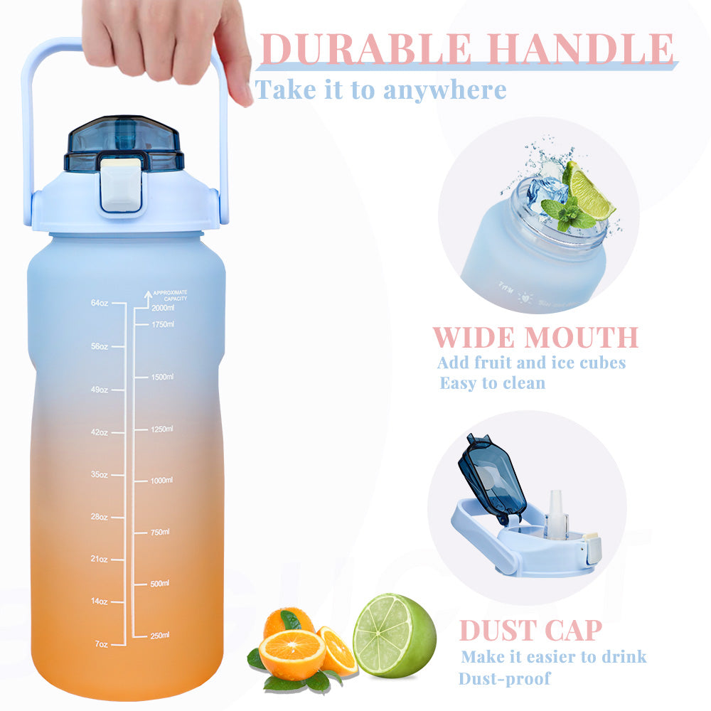 Bugucat Water Bottle 2L, Drinks Bottle with Straw and Time Markings, Sport Jug Leak Proof Reusable, Water Storage Container for Gym Outdoor Cycling Fitness Outdoor for Teenager Adult,BPA-free
