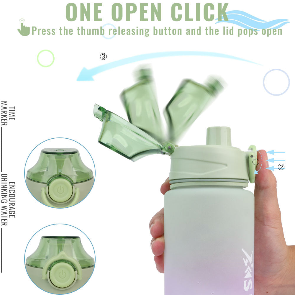 Bouteille d'eau Bugucat avec paille 1L, bouteille d'eau avec marquage de l'heure, étanche, sans BPA, ouverture en 1 clic dans une bouteille d'eau, bouteille de sport pour camping yoga gym