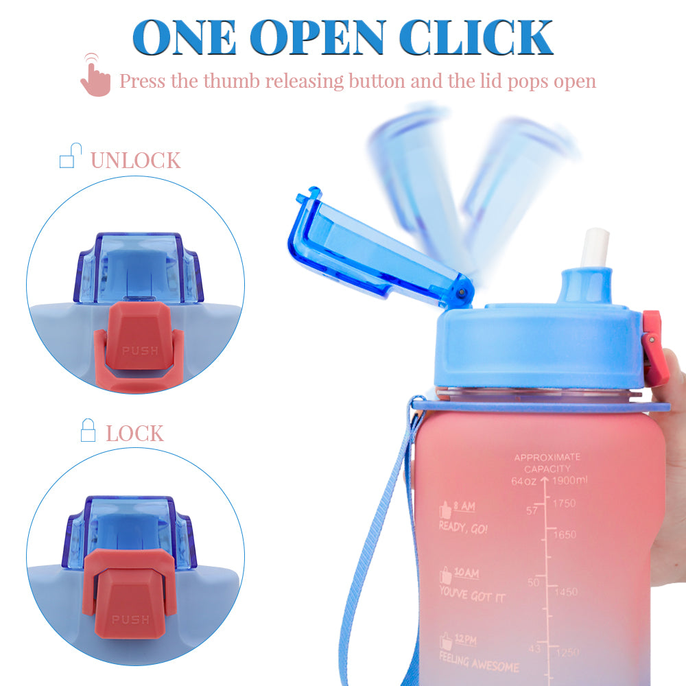 Sports Water Bottle 1 Litre, Time Markings and With Straws Bottles, Water  Bottle Opens With 1-Click, Suitable for Fitness, Outdoor, Camping, Yoga
