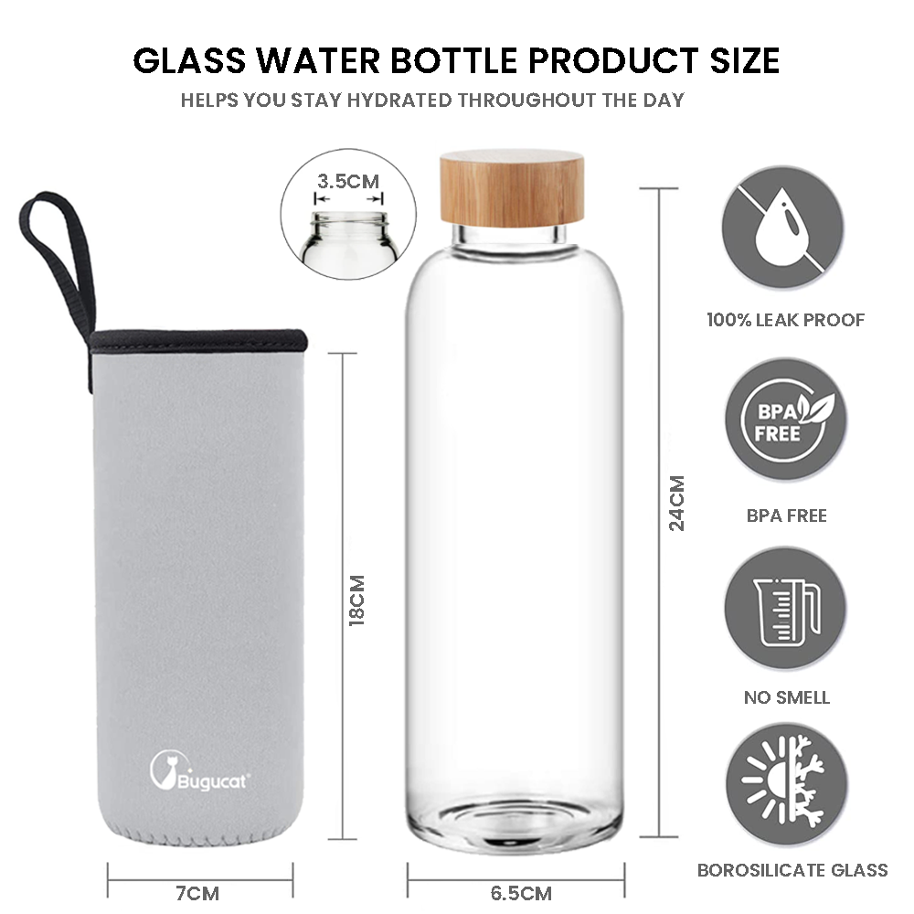 Neon Kactus - Hand Blown Borosilicate Glass Water Bottle with Bamboo Carry Handle Lid, Glass Bottles with Food-grade Silicone Sleeve, Plastic-Free