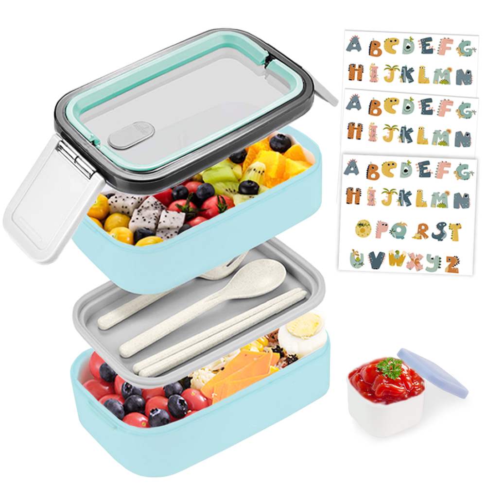 Bugucat Lunchbox 1400 ml, doppelt stapelbarer Bento-Box-Behälter für die Zubereitung von Mahlzeiten mit Besteck, versiegelte Frischhaltebox, BPA-freie Lunchbox für Erwachsene und Kinder, mikrowellen- und spülmaschinenfest