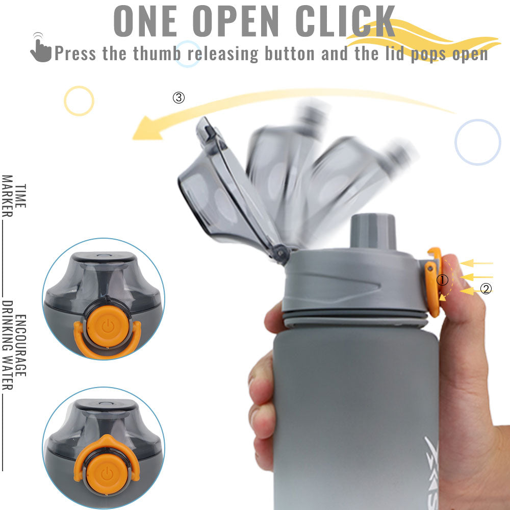 Bugucat Trinkflasche 1L, Wasserflasche mit Zeitmarkierungen Auslaufsicher BPA-Frei, 1 Klick Öffnen in Water Bottle, Sportflasche für Camping Yoga Gym