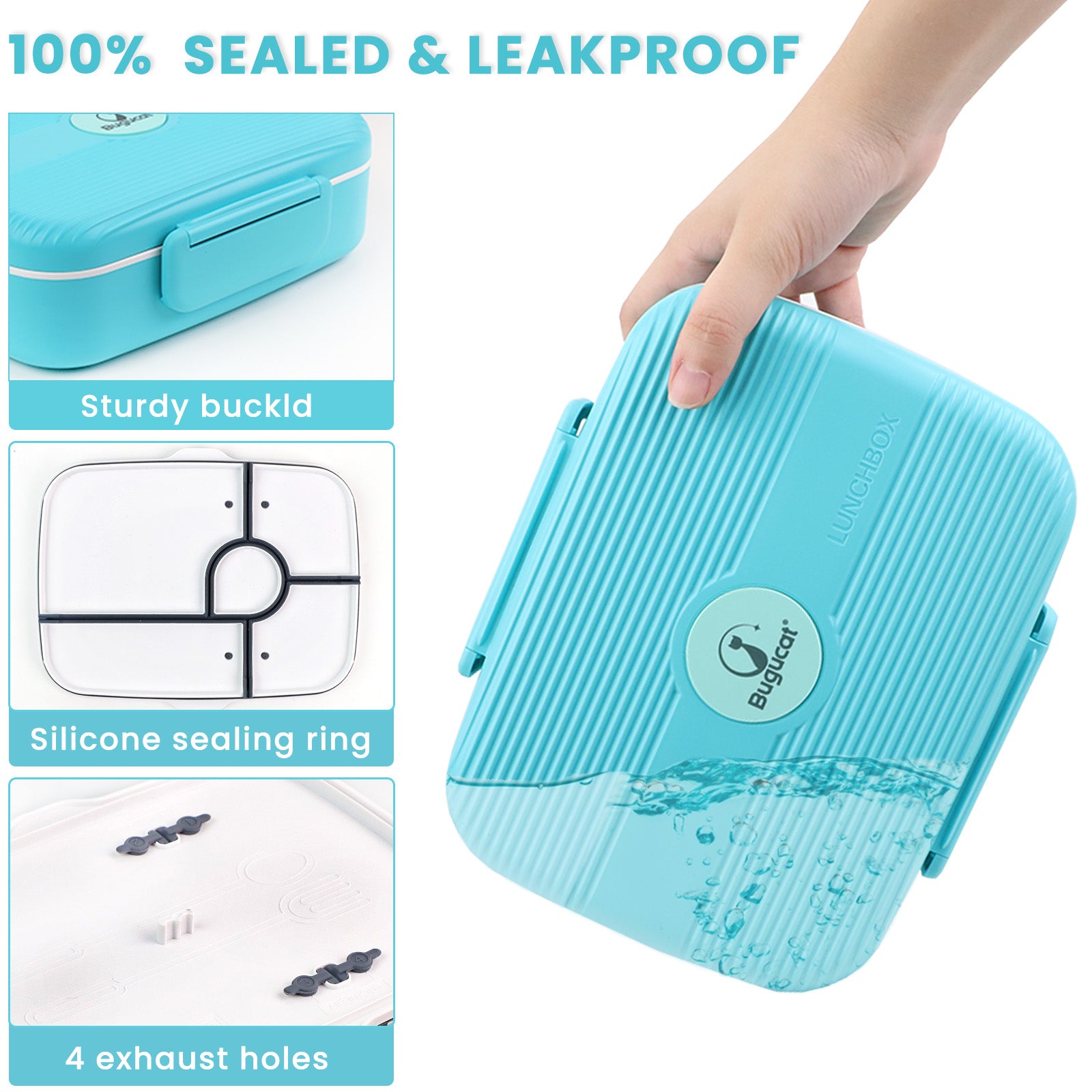 Bugucat Lunch Box 1600ML, 2 in 1 Bento Box Leak-Proof Lunch Containers