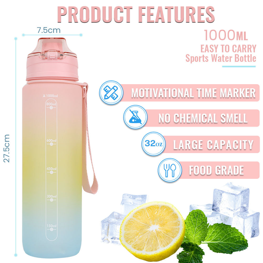 Bugucat Trinkflasche 1L, Wasserflasche mit Zeitmarkierungen Auslaufsicher BPA-Frei, 1 Klick in der Wasserflasche öffnen, Sportflasche für Camping Yoga Gym