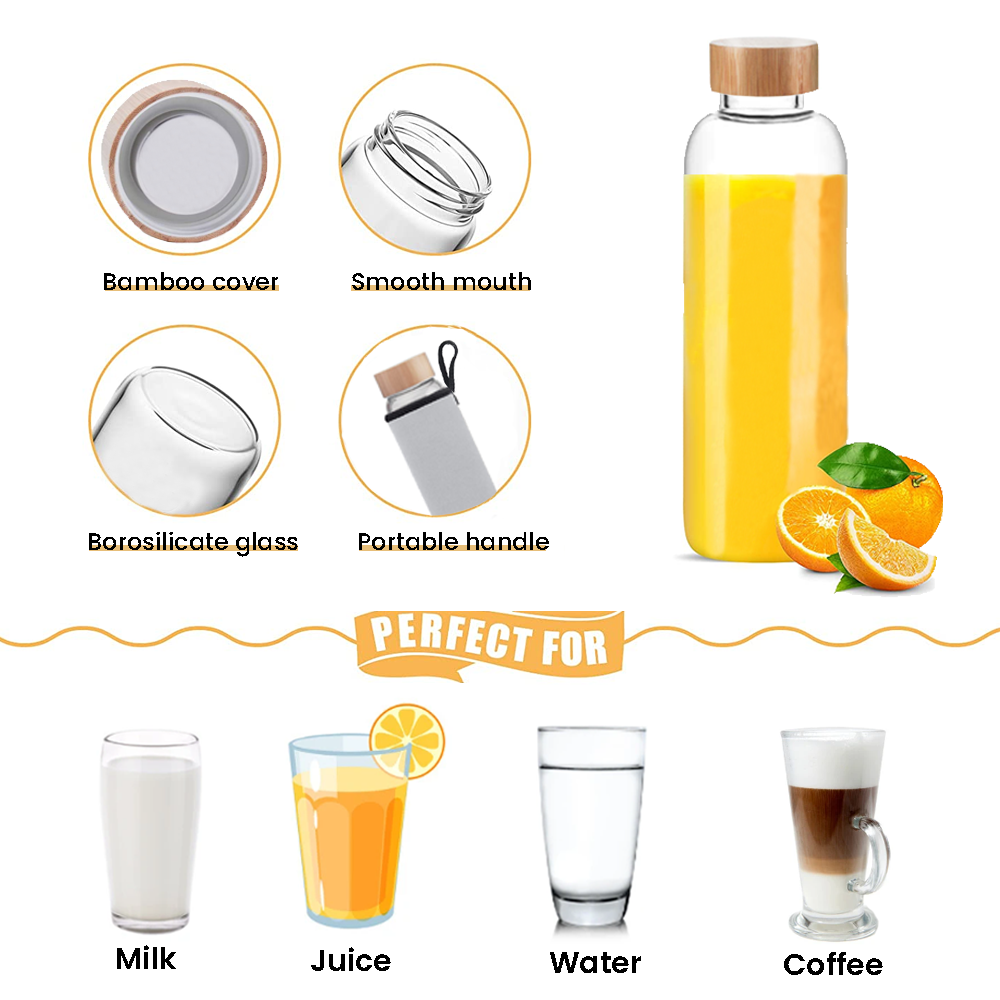 Bouteille en verre Bugucat, gourde en verre avec couvercle en bambou, housse de protection, gourde étanche en verre borosilicaté, carafe pour smoothies, jus, eau et boissons, sans BPA 550 ml / 1000 ml