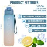 Bugucat Trinkflasche 1L, Wasserflasche mit Zeitmarkierungen Auslaufsicher BPA-Frei, 1 Klick in der Wasserflasche öffnen, Sportflasche für Camping Yoga Gym