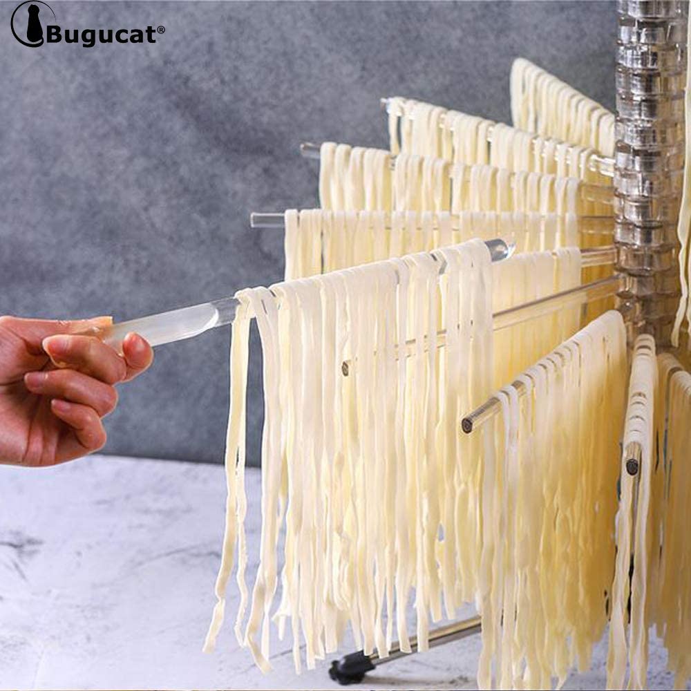 Séchoir à pâtes Bugucat 16 pôles, support à pâtes pour séchoir à pâtes avec 16 échelons extensibles pour jusqu'à 2 kg de serviettes pour tasses à pâtes, tige de transport intégrée, séchoir à spaghetti pliable, séchoir à pâtes