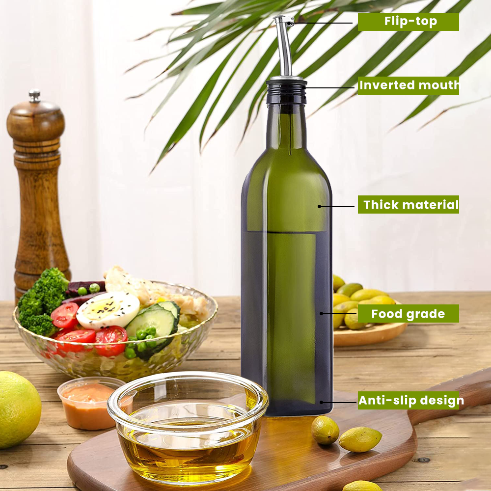 Bugucat Ölflasche 500 ml, Essigflasche aus Glas mit Spender, Ölflaschen mit Ausgießer und Etikett, Olivenölspender mit Anti-Schmutz-Verschluss, auslaufsicher und tropffrei, zum Kochen, Grillen, Salat