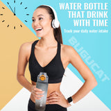Bugucat 1L botella para beber, botella de agua con marcas de tiempo, a prueba de fugas, sin BPA, 1 clic abierto en botella de agua, botella deportiva para acampar yoga gimnasio
