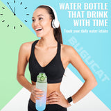 Bugucat 1L botella para beber, botella de agua con marcas de tiempo, a prueba de fugas, sin BPA, 1 clic abierto en botella de agua, botella deportiva para acampar yoga gimnasio