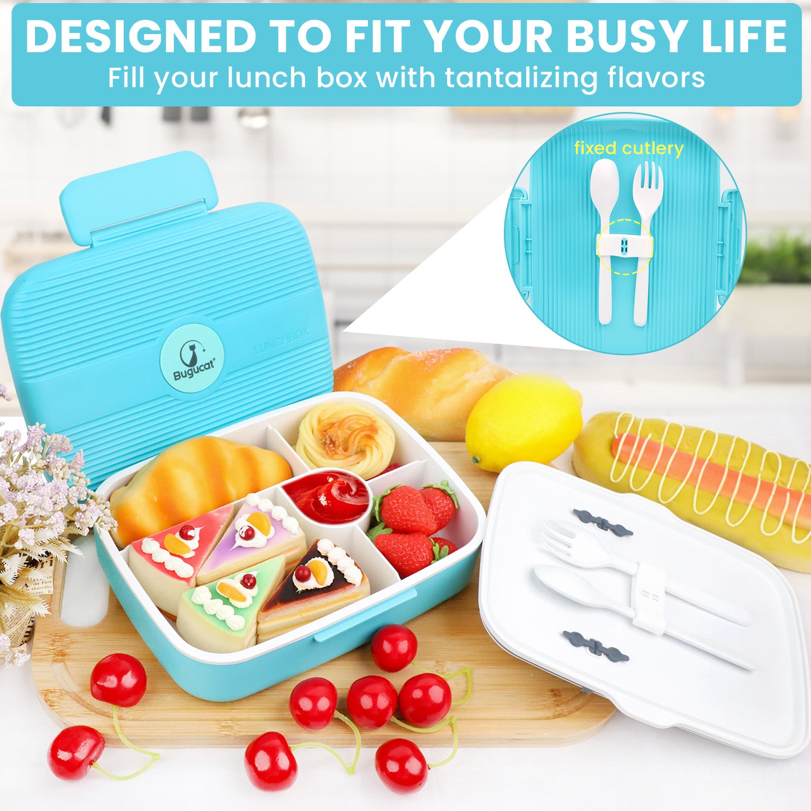 Bugucat Bento Lunch Box 1300ML,Kids Lunch Box Bento Boxes with 4 Compa