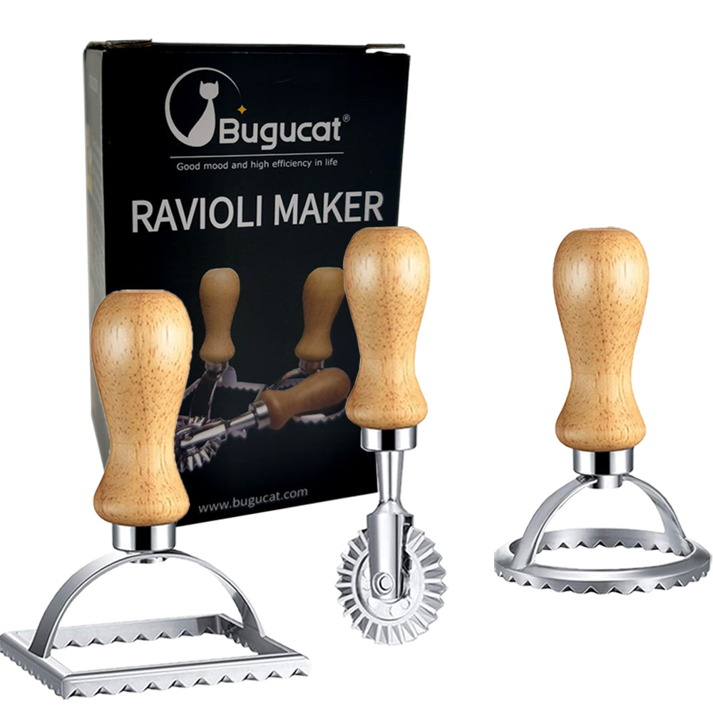Ravioli Cookie Cutter Mould, Stainless Steel Ravioli Mould with Wooden Handle and Ribbed Edge, Pasta Press,  Biscuit Mould (Set of 3)