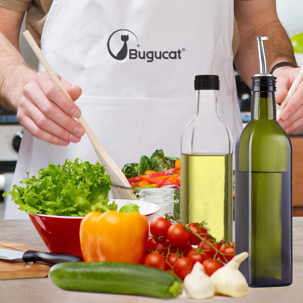 Bugucat Oil Bottle 500 ml, Glass Vinegar Bottle with Dispenser, Oil Bottles with Pourer and Label, Olive Oil Dispenser with Anti-Dirt Closure, Leak-proof and Drip-Free, for Cooking, Grilling, Salad