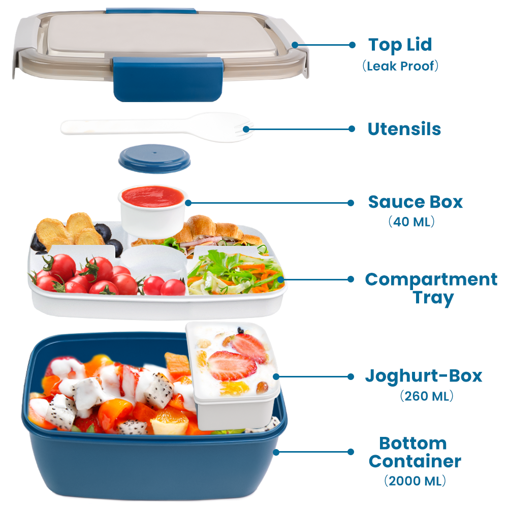 Bugucat Bentobox 2000 ml, Lunchbox, Salat-Lunch-Container zum Mitnehmen mit Tablett mit 4 Fächern, Salatschüssel mit Dressing-Behälter, Meal-Prep-to-Go-Behälter für Lebensmittel, Obst, Snacks, integrierter wiederverwendbarer Löffel