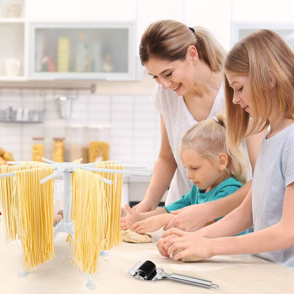 Foldable Pasta Drying Rack- Plastic Spaghetti Household Noodle Dryer with  10 Bar Handles 
