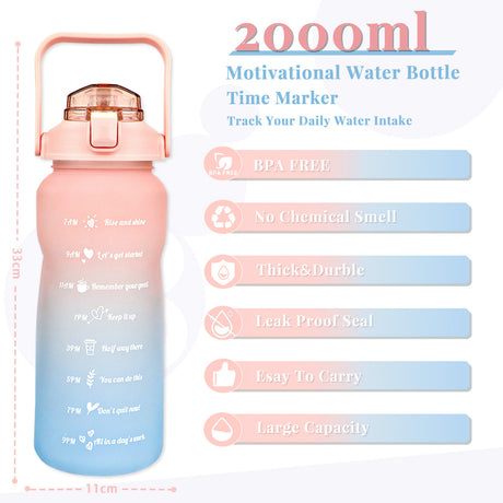 Bugucat Wasserflasche 2 l, Trinkflasche mit Strohhalm und Zeitmarkierungen, Sportkrug, auslaufsicher, wiederverwendbar, Wasseraufbewahrungsbehälter für Fitnessstudio, Outdoor, Radfahren, Fitness, Outdoor für Teenager und Erwachsene, BPA-frei