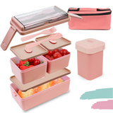 Bugucat Lunchbox für Erwachsene und Kinder, 1400 ml, doppelt stapelbare Bento-Box, Behälter für die Zubereitung von Mahlzeiten, mit Einkaufstasche und Joghurtbox, Lebensmittelbehälter mit 2 Ebenen und 3 Fächern für Mittagssnacks
