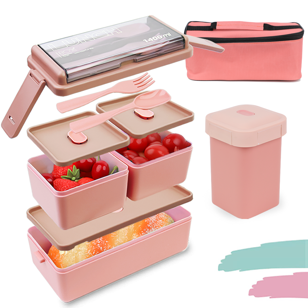 Buguacat lunch box 1400 ML 3PCS, Bento box lunch box enfants avec 3 compartiments et set de couverts, snack box breakfast box avec sac de transport et yaourt box, lunch box lunch box pour adultes enfants sans BPA