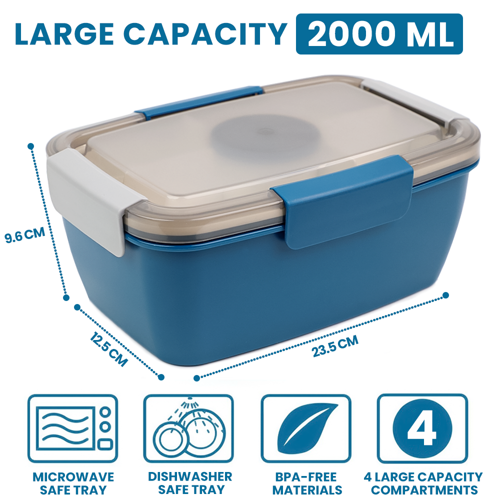 Bugucat Bentobox 2000 ml, Lunchbox, Salat-Lunch-Container zum Mitnehmen mit Tablett mit 4 Fächern, Salatschüssel mit Dressing-Behälter, Meal-Prep-to-Go-Behälter für Lebensmittel, Obst, Snacks, integrierter wiederverwendbarer Löffel