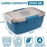 Bugucat Bentobox 2000ML, Lunch Box Salad Lunch Container to Go with 4 Compartment Tray, Salad Bowl with Dressing Container, Meal Prep to Go Containers for Food Fruit Snack, Built-in Reusable Spoon