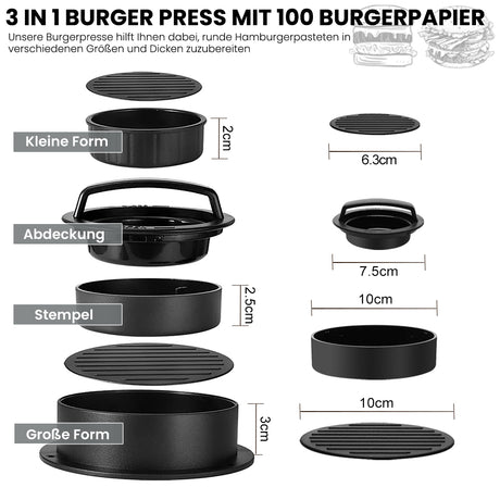 Pressa per hamburger 3 in 1, kit per pressa antiaderente per hamburger e patty, fornisce 100 fogli di carta cerata