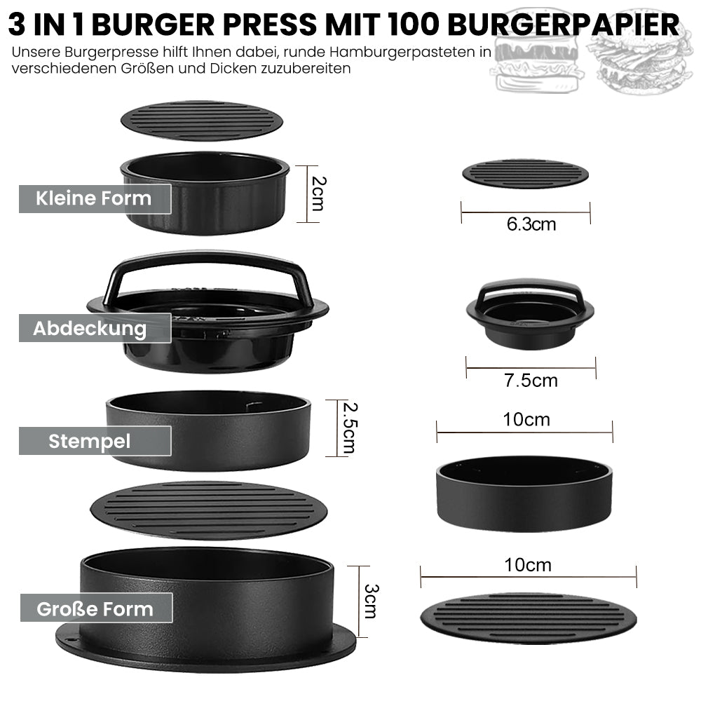 Bugucat 3-in-1-Burgerpresse, antihaftbeschichtete gefüllte Burgerpresse, Hamburger-Patty-Maker-Presse-Set, Burger-Maker-Form für gefüllte Burger, Küchen-Grillwerkzeug, Grillzubehör, 100 Wachs-Patty-Papiere