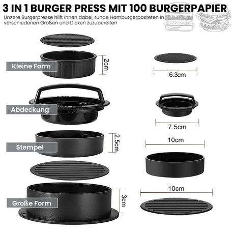 3 in 1 Burger Press, Non-Stick Hamburger Patty Maker  Press Kit Give 100 Wax Patty Papers